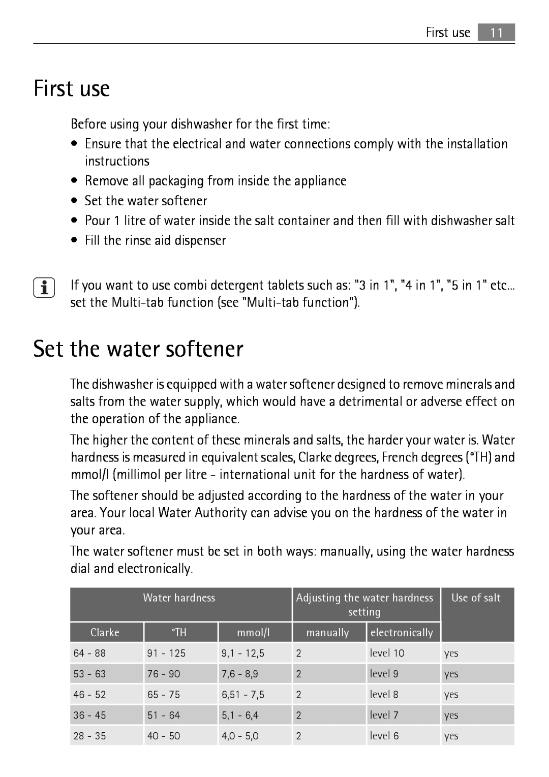 Electrolux 50870 user manual First use, Set the water softener 