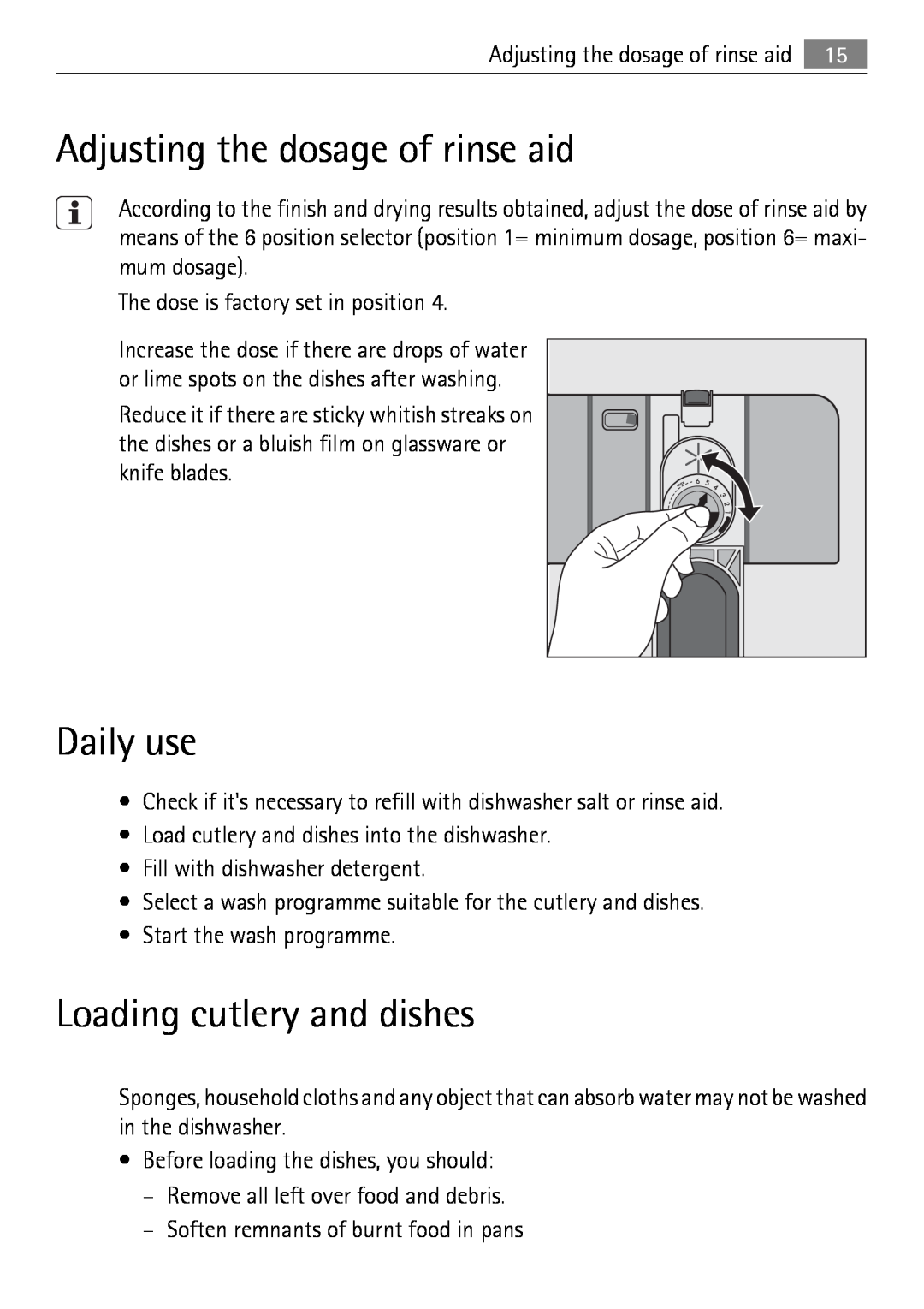 Electrolux 50870 user manual Adjusting the dosage of rinse aid, Daily use, Loading cutlery and dishes 
