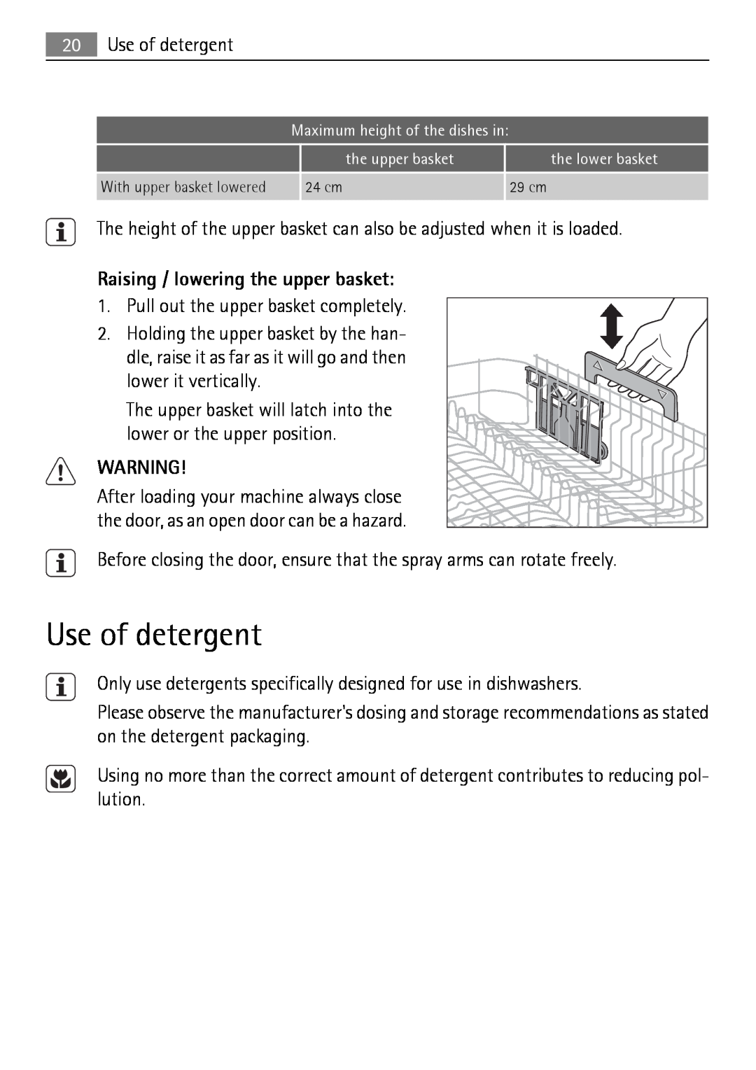 Electrolux 50870 user manual Use of detergent, Raising / lowering the upper basket 