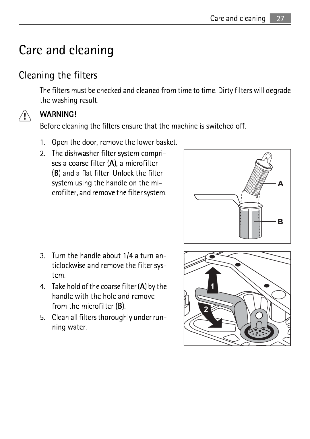 Electrolux 50870 user manual Care and cleaning, Cleaning the filters 