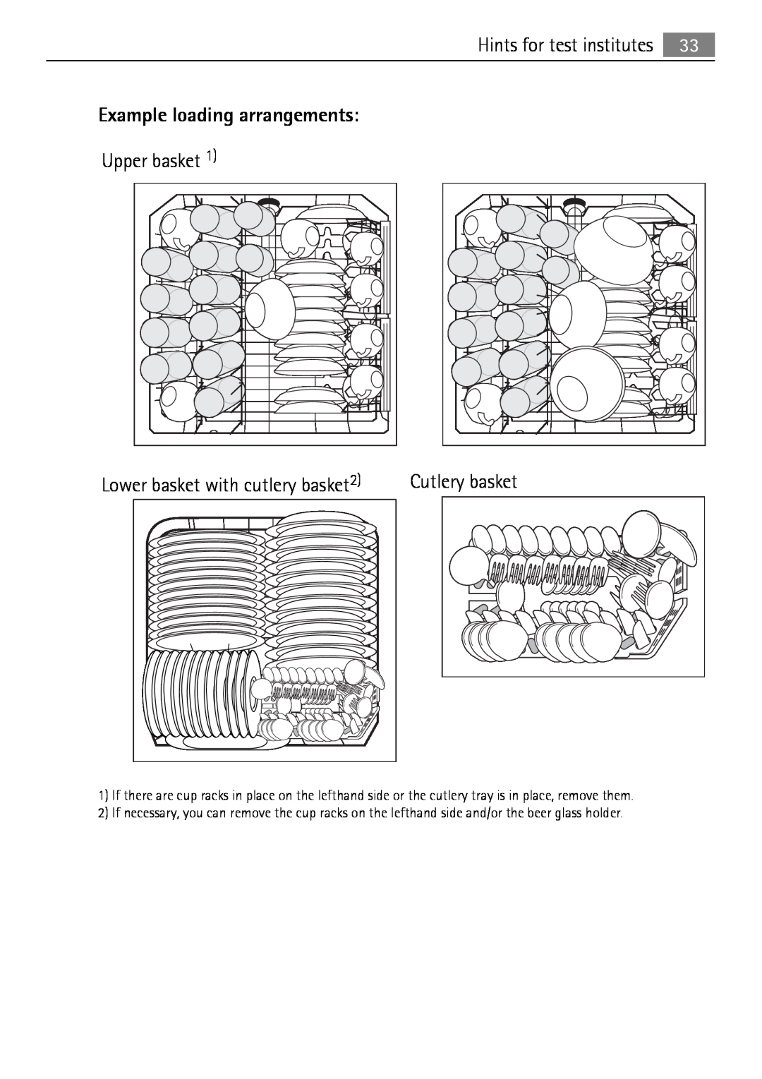 Electrolux 50870 user manual Example loading arrangements, Upper basket, Cutlery basket, Lower basket with cutlery basket 
