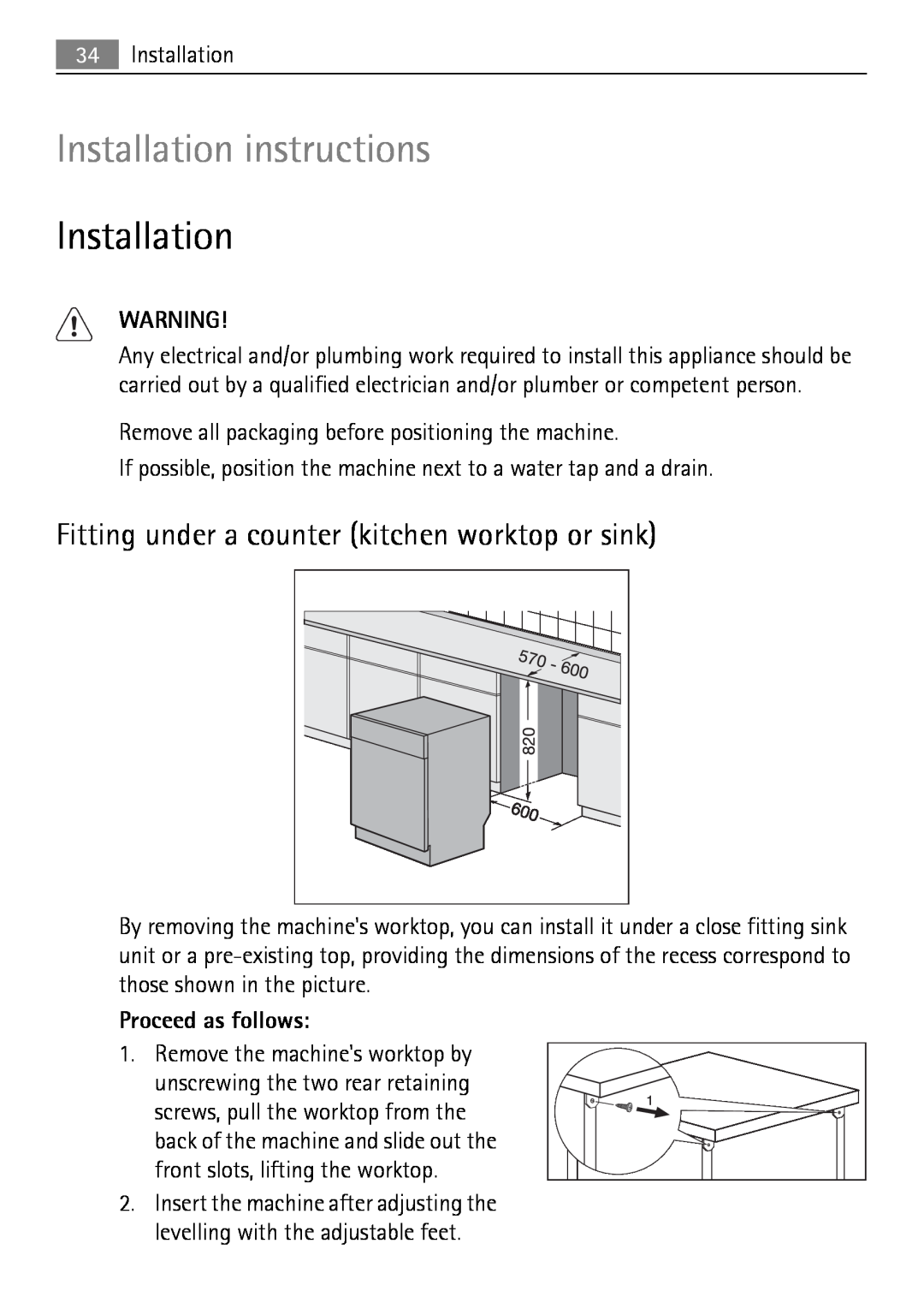 Electrolux 50870 user manual Installation instructions, Fitting under a counter kitchen worktop or sink, Proceed as follows 