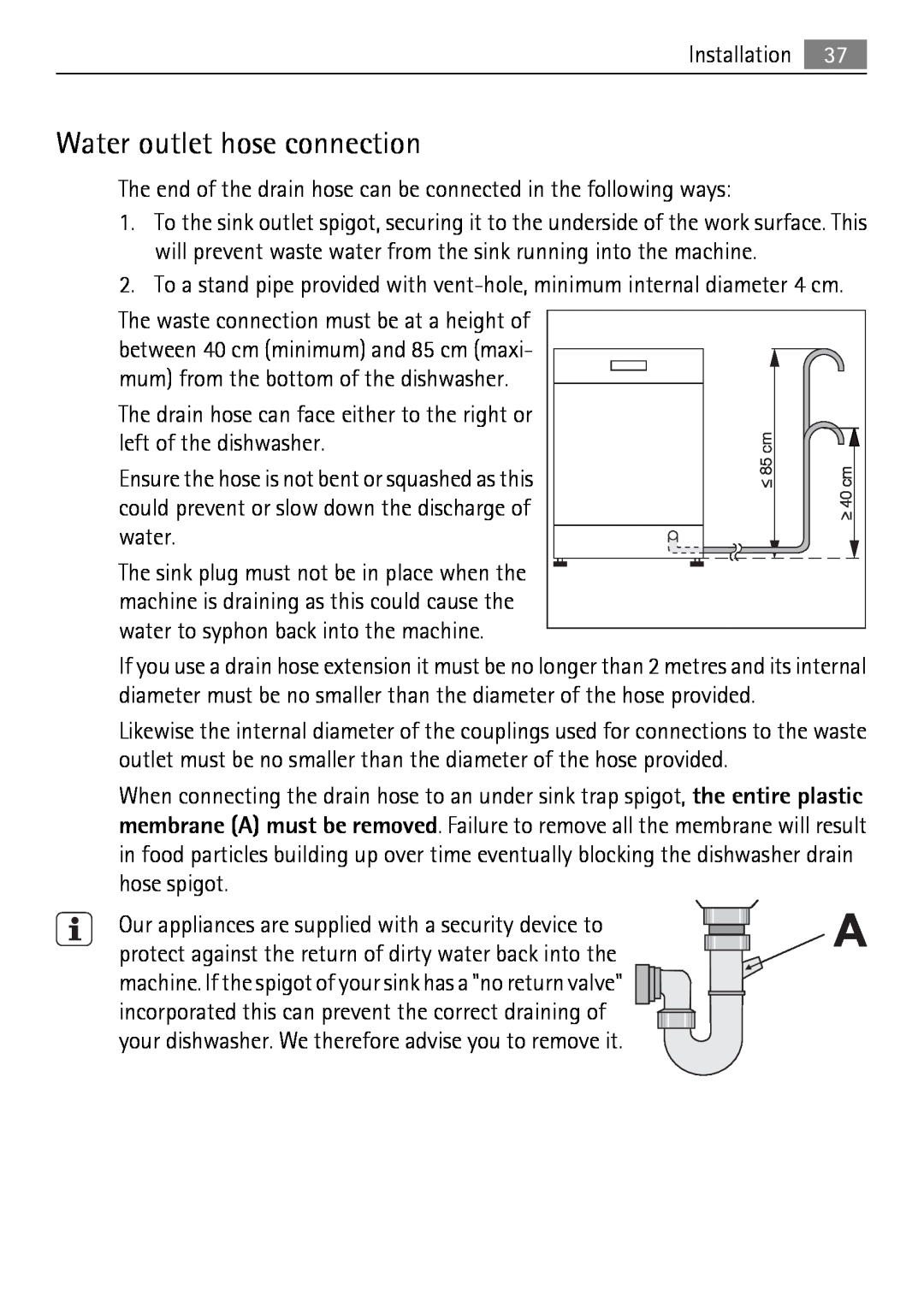 Electrolux 50870 user manual Water outlet hose connection 