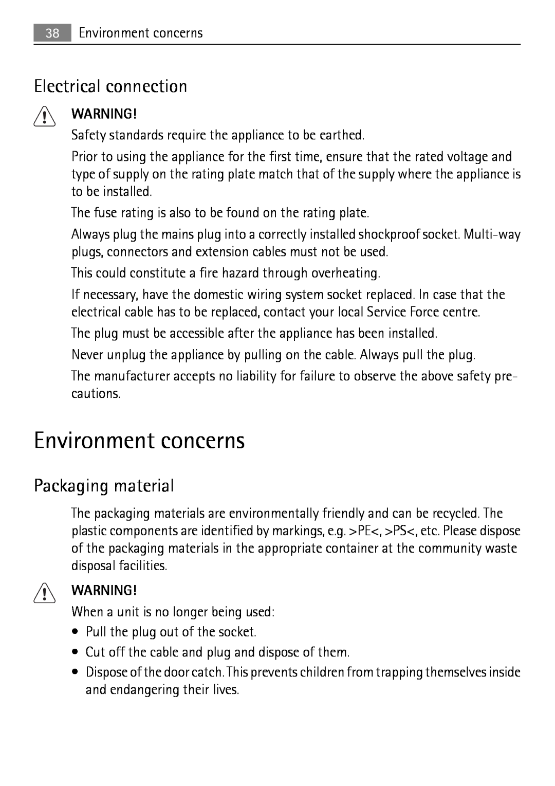 Electrolux 50870 user manual Environment concerns, Electrical connection, Packaging material 