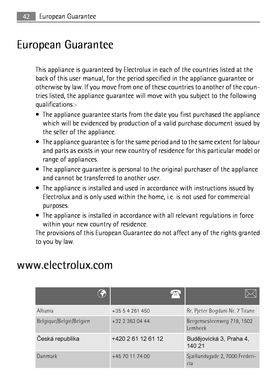 Electrolux 50870 user manual European Guarantee 