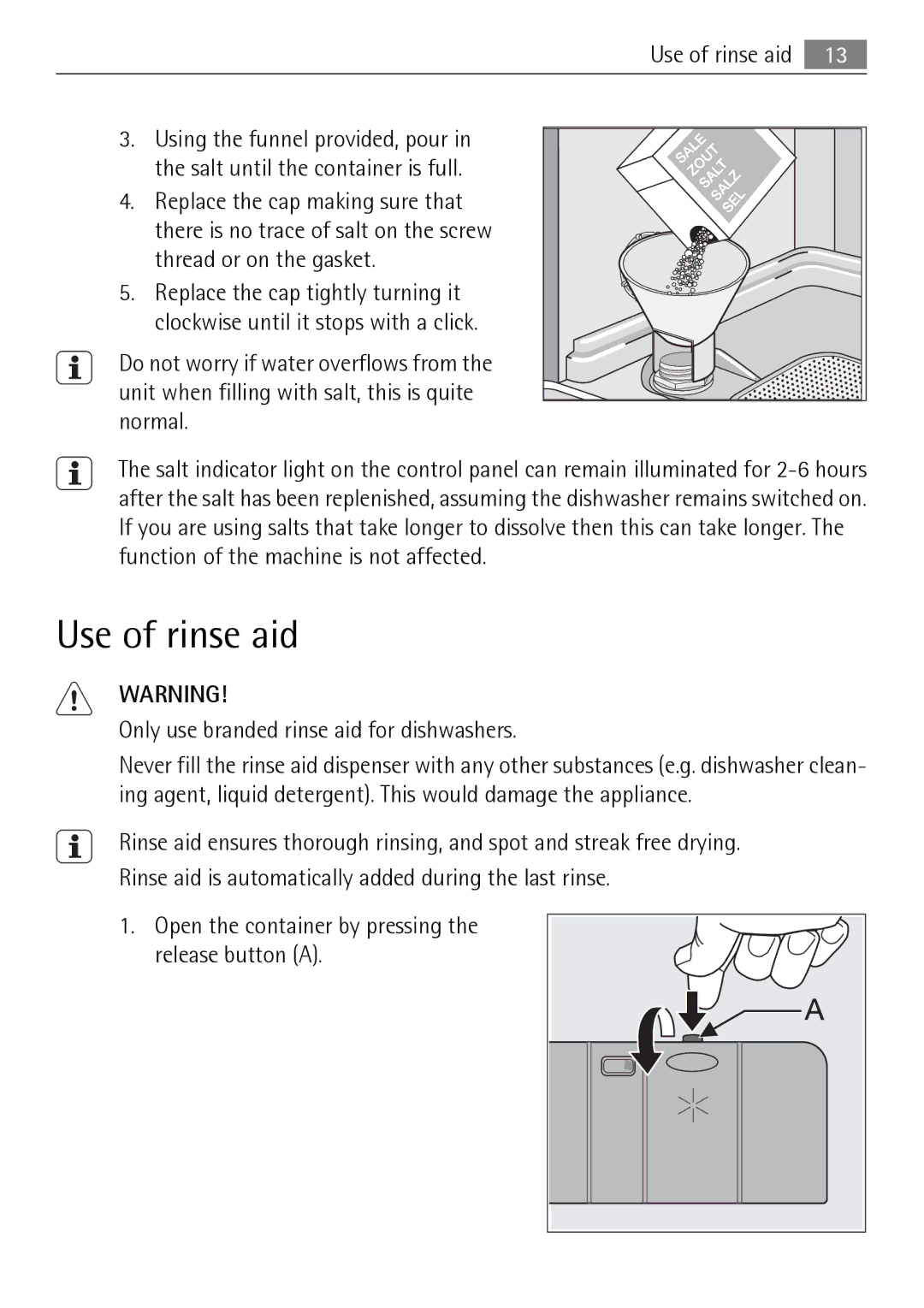 Electrolux 50877 user manual Use of rinse aid, Only use branded rinse aid for dishwashers 