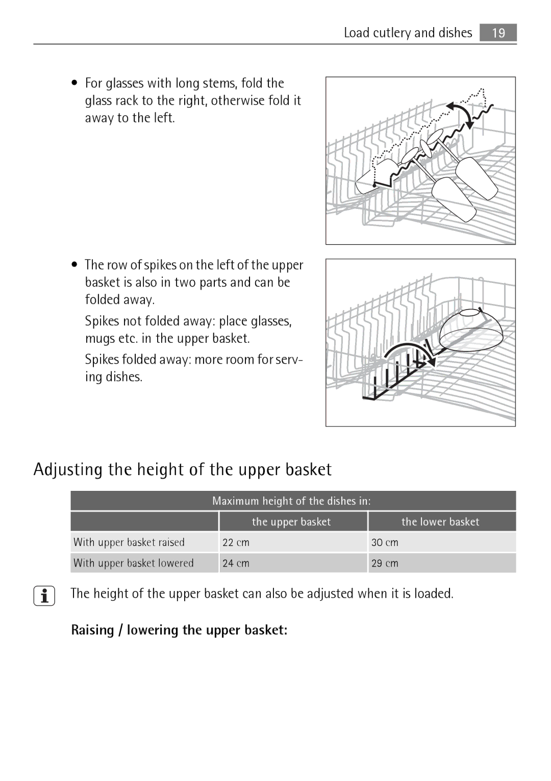 Electrolux 50877 user manual Adjusting the height of the upper basket, Raising / lowering the upper basket 