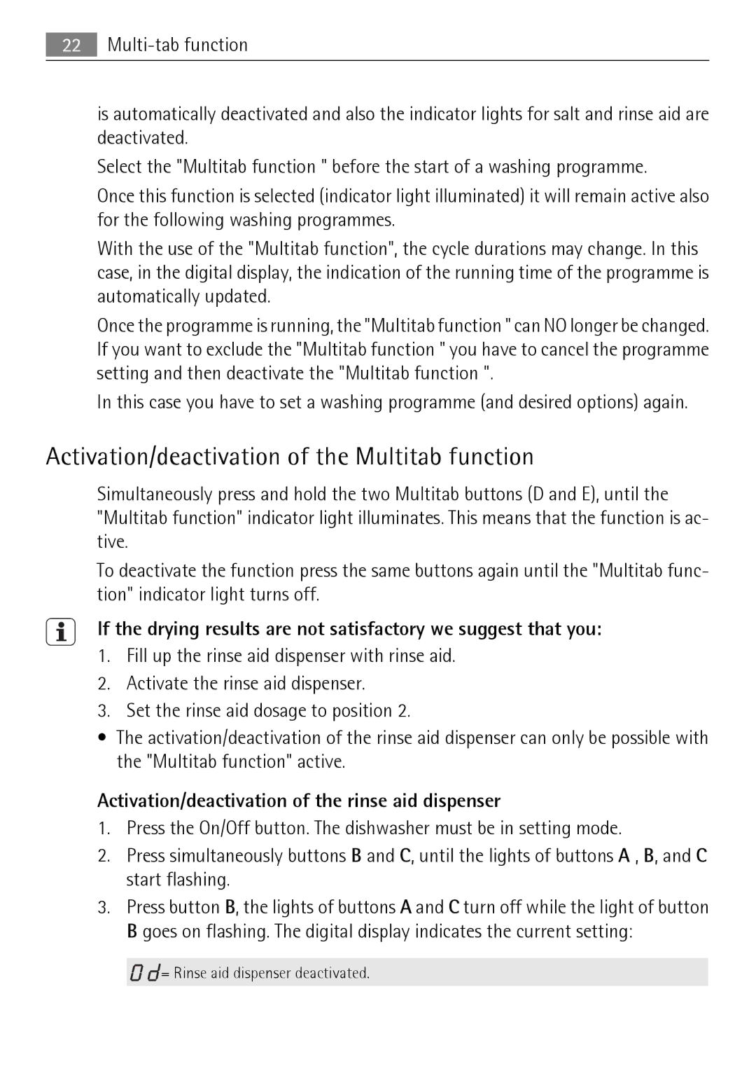 Electrolux 50877 Activation/deactivation of the Multitab function, Activation/deactivation of the rinse aid dispenser 