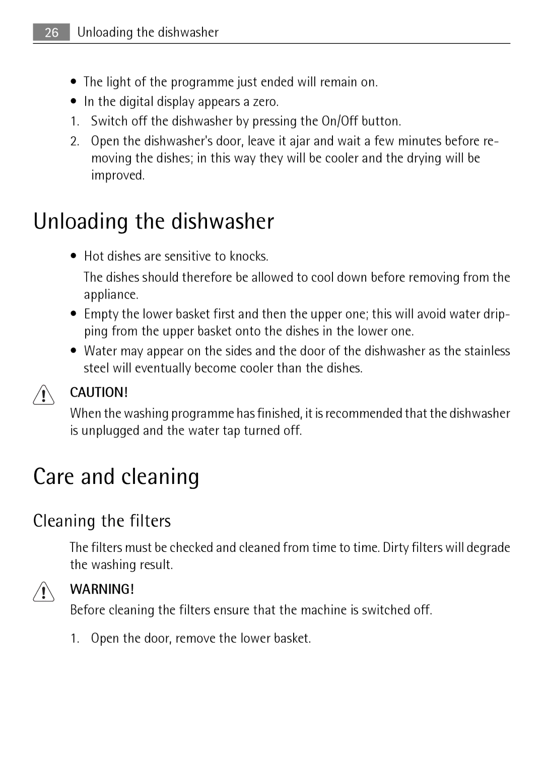 Electrolux 50877 user manual Unloading the dishwasher, Care and cleaning, Cleaning the filters 