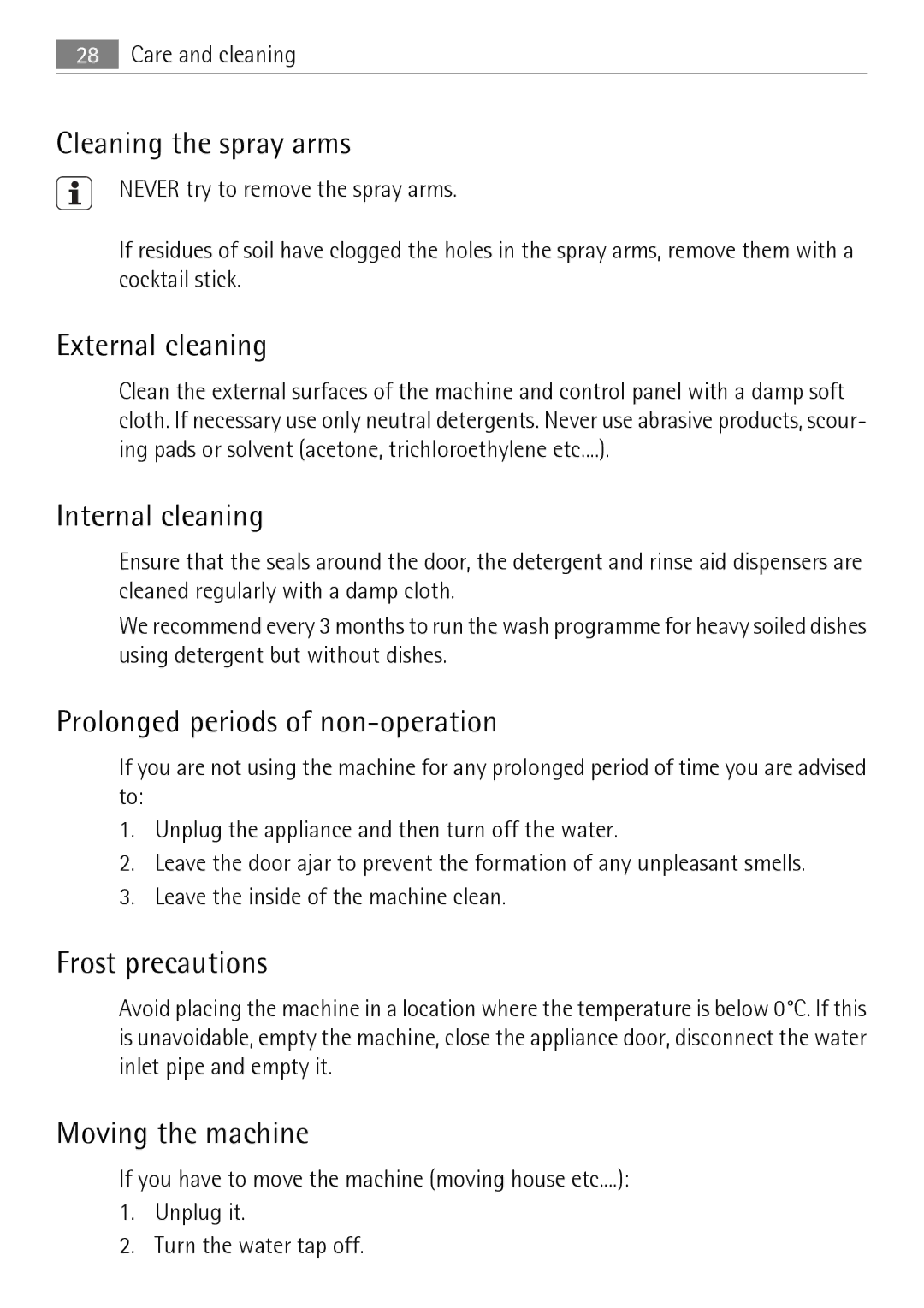 Electrolux 50877 Cleaning the spray arms, External cleaning, Internal cleaning, Prolonged periods of non-operation 