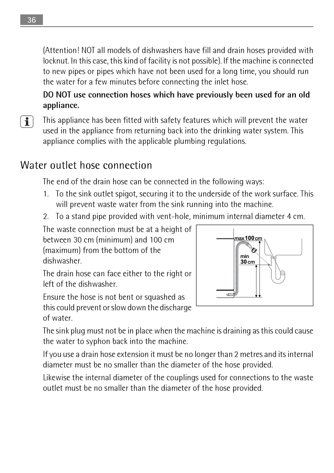 Electrolux 50877 user manual Water outlet hose connection 