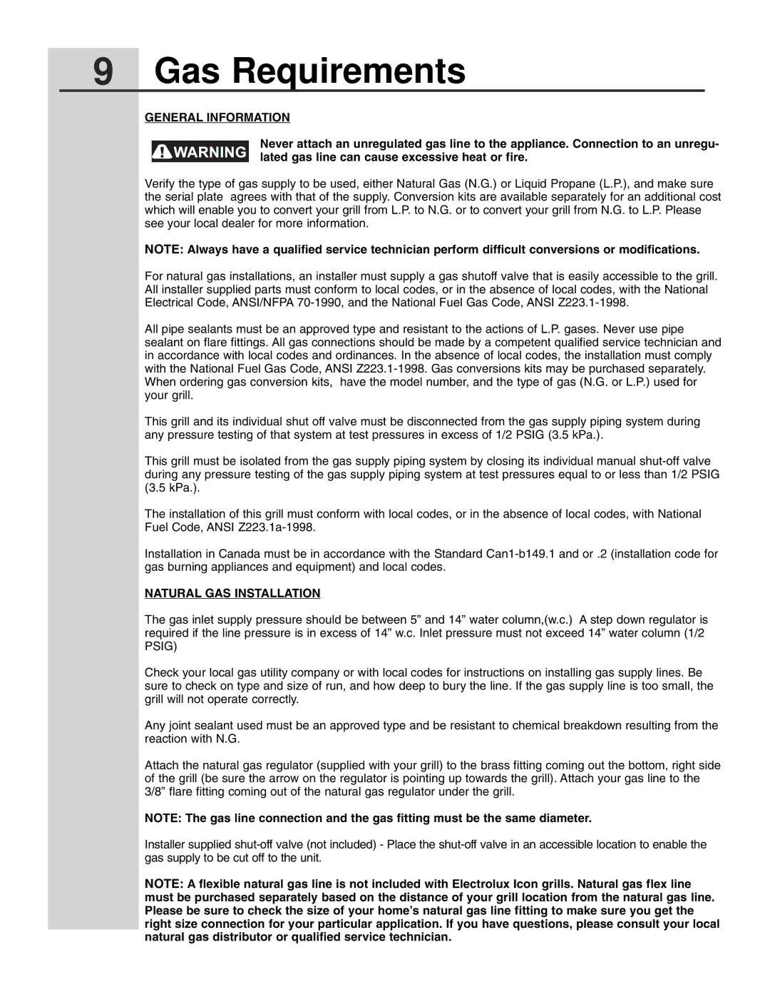 Electrolux 51 Stainless Steel Gas Grill manual Gas Requirements, General Information, Natural GAS Installation 