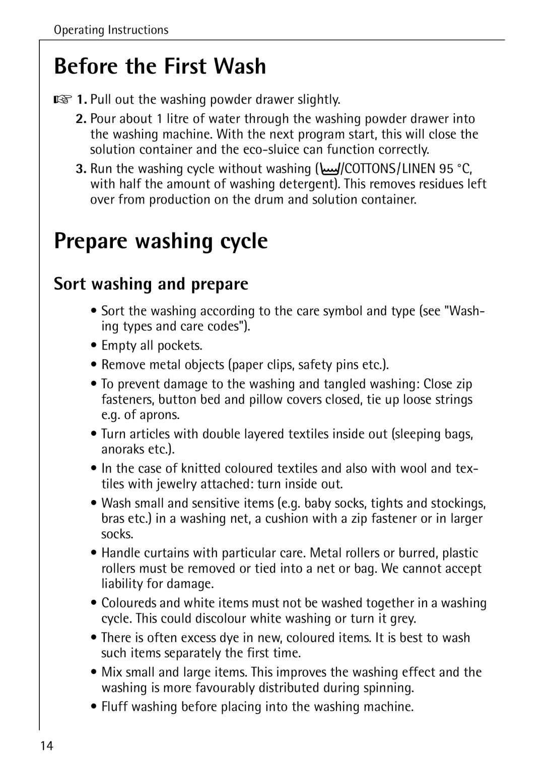 Electrolux 51165 manual Before the First Wash, Prepare washing cycle, Sort washing and prepare 