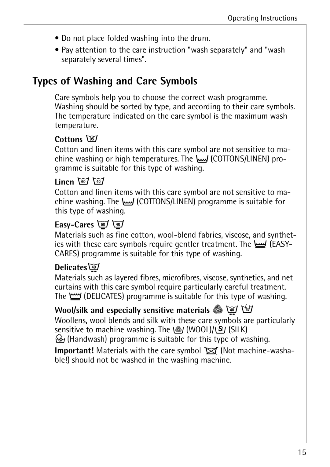 Electrolux 51165 manual Types of Washing and Care Symbols 