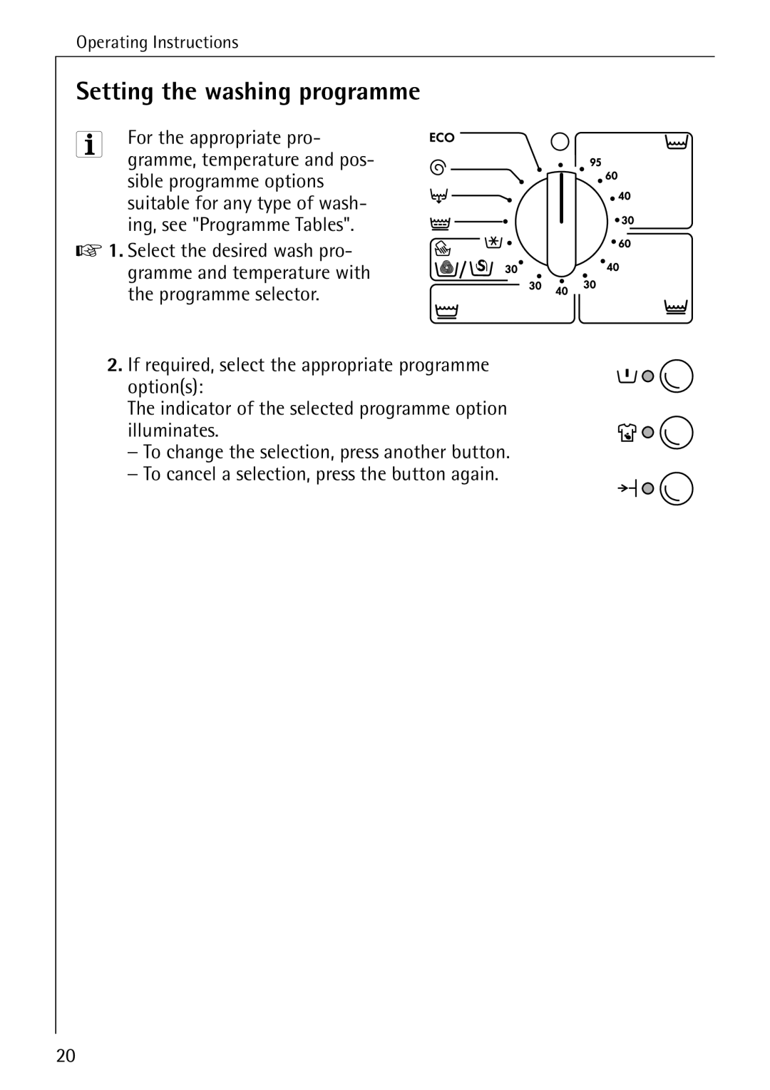 Electrolux 51165 manual Setting the washing programme, For the appropriate pro 