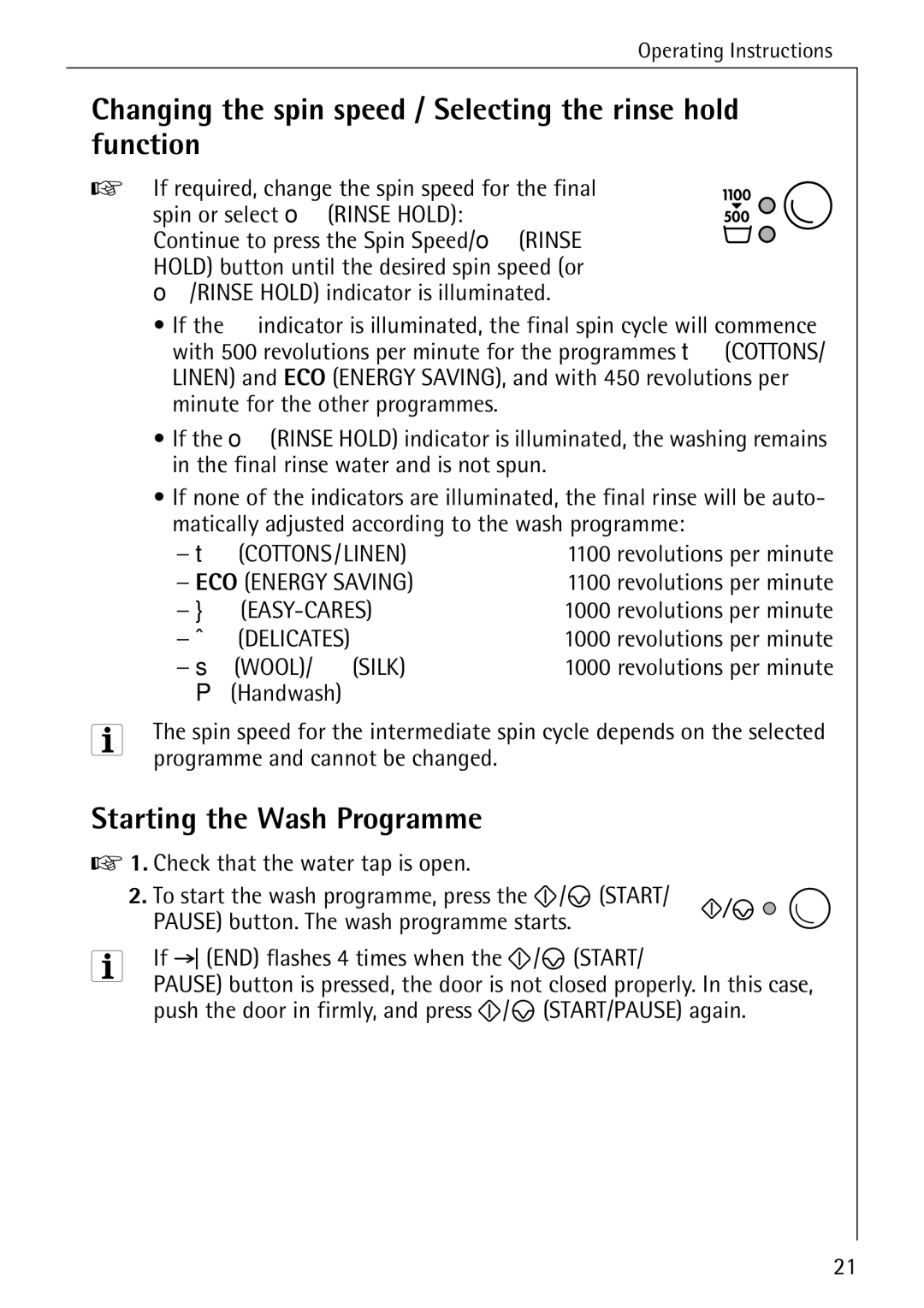 Electrolux 51165 manual Changing the spin speed / Selecting the rinse hold function, Starting the Wash Programme 