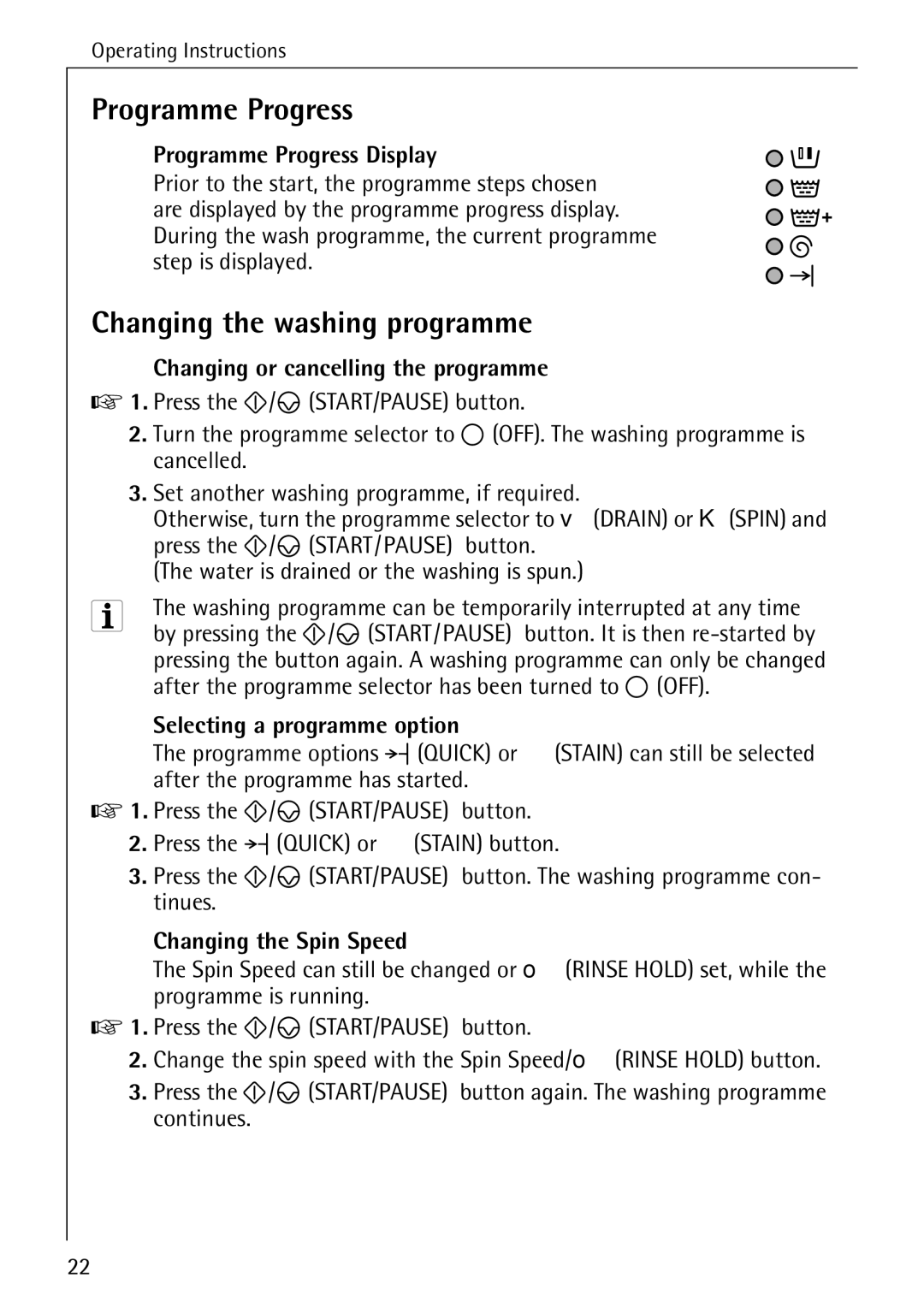 Electrolux 51165 manual Programme Progress, Changing the washing programme 