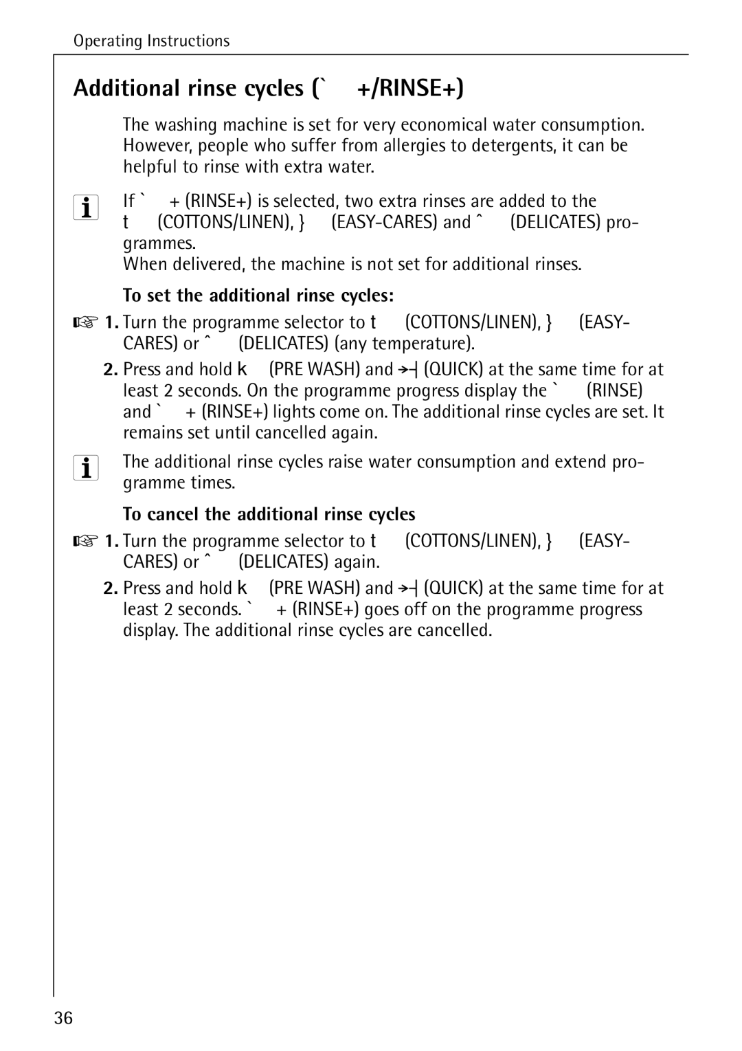 Electrolux 51165 manual Additional rinse cycles Á+/RINSE+, To set the additional rinse cycles 