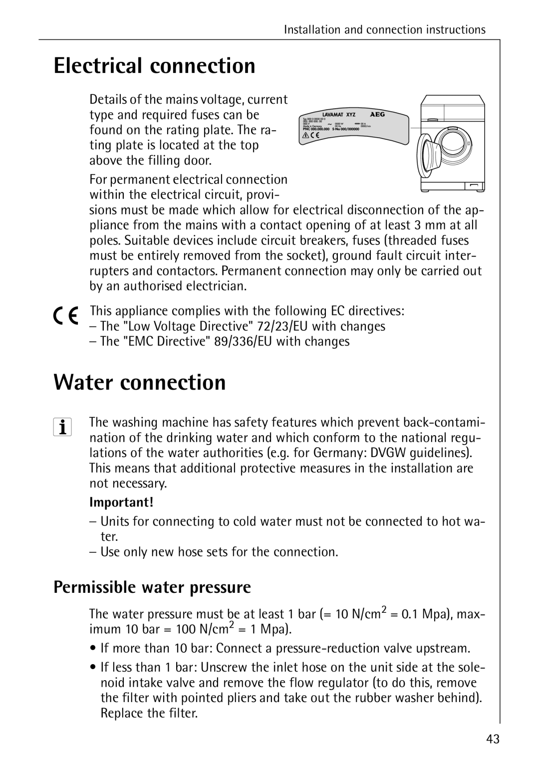 Electrolux 51165 manual Electrical connection, Water connection, Permissible water pressure 