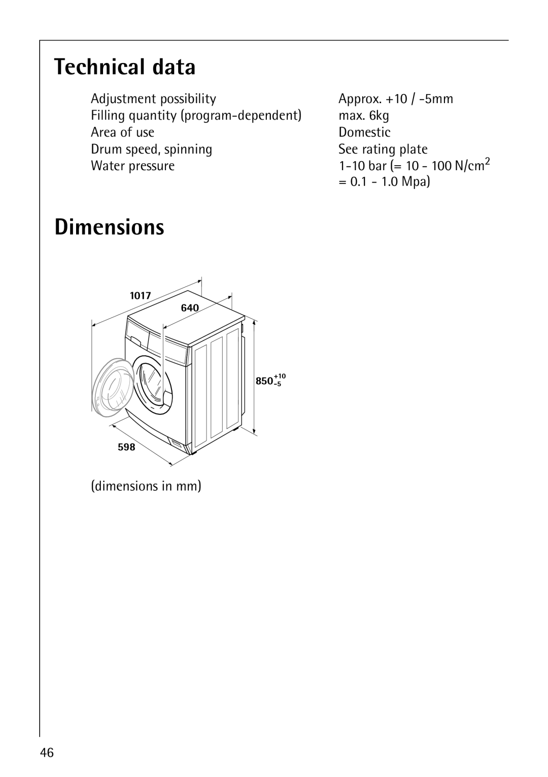 Electrolux 51165 manual Technical data, Dimensions 