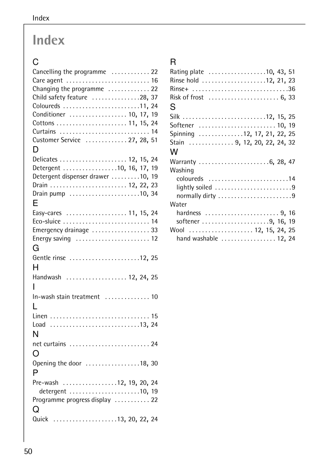 Electrolux 51165 manual Index 