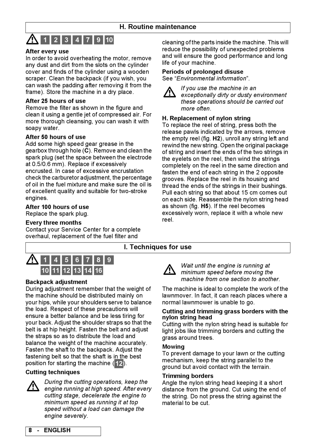 Electrolux 95390039400, 52 BP PRO, 95390039300 Routine maintenance, 3 4 7 9, Techniques for use, 5 6 7 8 9 10 11 12 13 14 