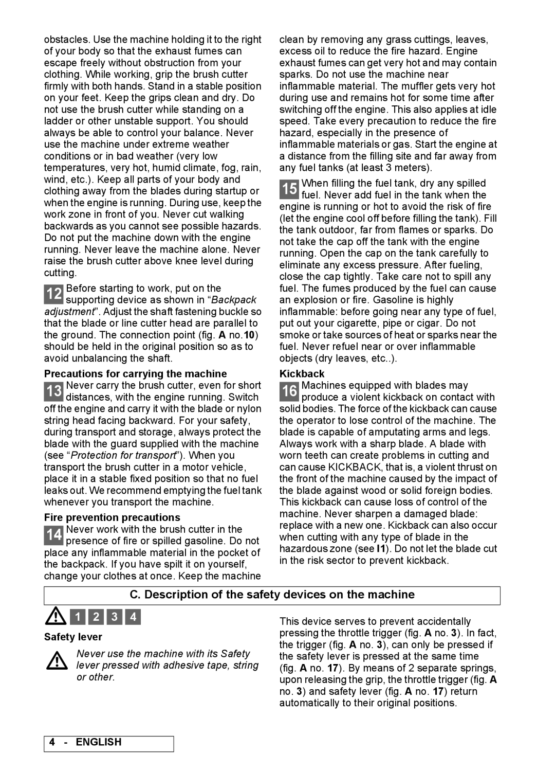 Electrolux 95390039300 Description of the safety devices on the machine, Precautions for carrying the machine, Kickback 