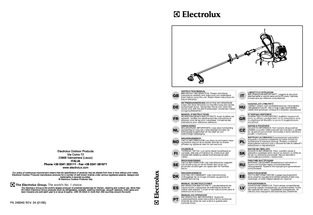 Electrolux 95390039300, 52 BP PRO, 4630X BP manual ElectroluxValmadreraiaOutComo72Products, PN 249340 REV. 04 01/05 