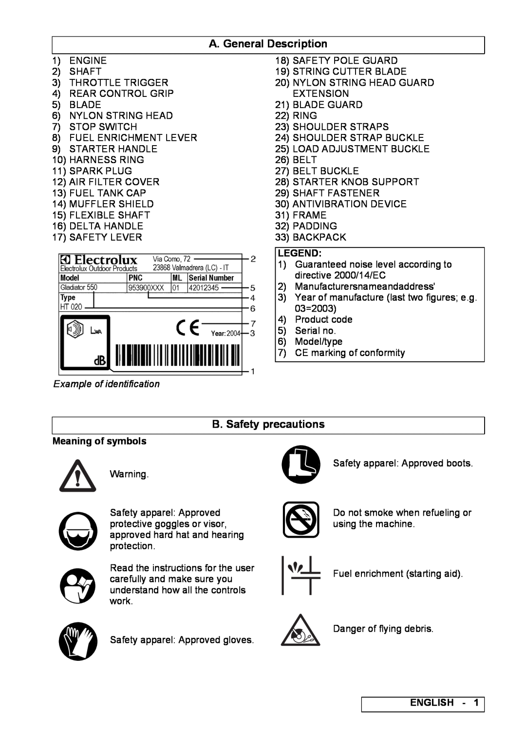 Electrolux 4230X BP, 52 BP PRO, 95390039300 manual A. General Description, B. Safety precautions, Meaning of symbols, English 