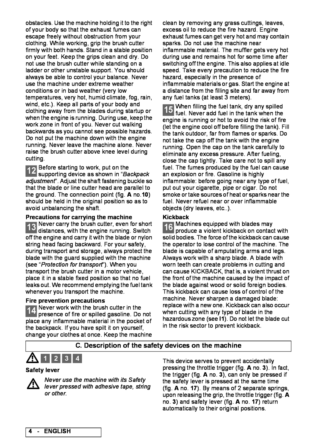 Electrolux 95390039300 C. Description of the safety devices on the machine, Precautions for carrying the machine, Kickback 