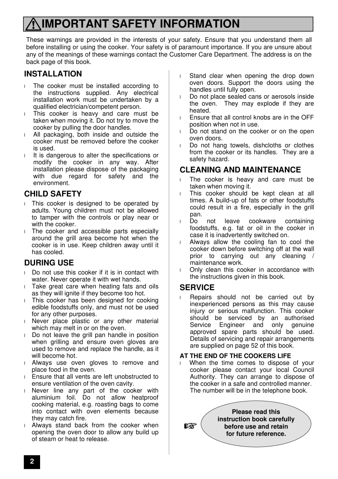 Electrolux 5210 BU installation instructions Installation, Child Safety, During USE, Cleaning and Maintenance 