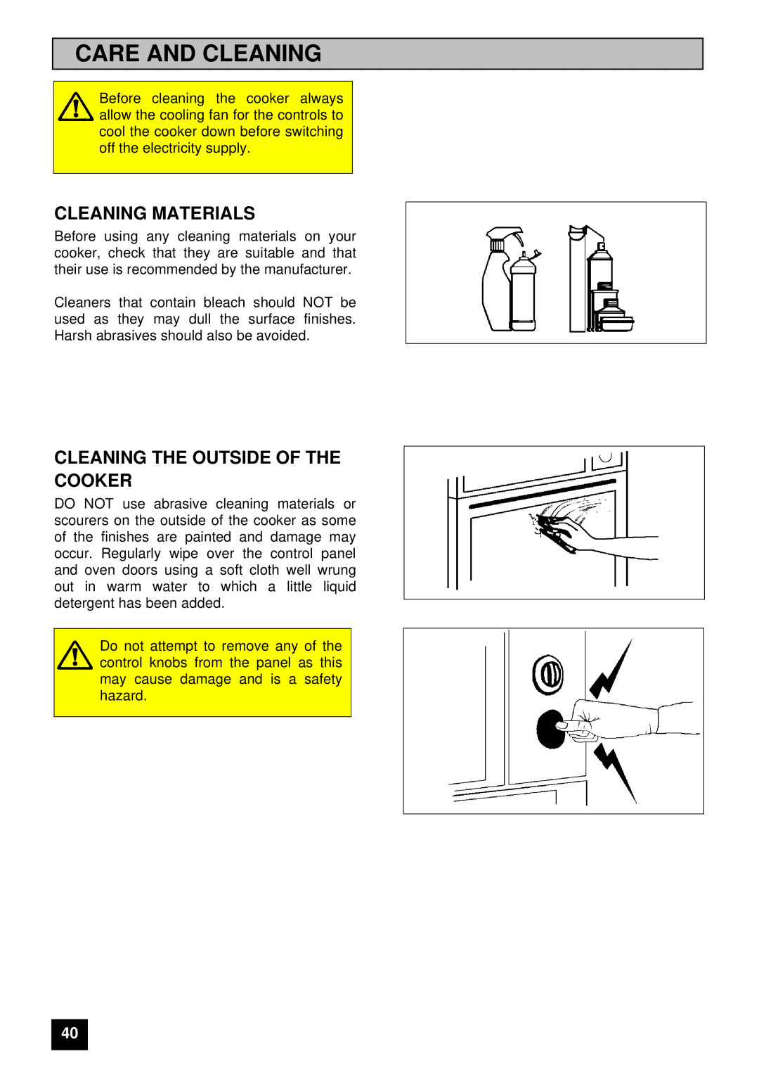 Electrolux 5210 BU installation instructions Care and Cleaning, Cleaning Materials, Cleaning the Outside of the Cooker 