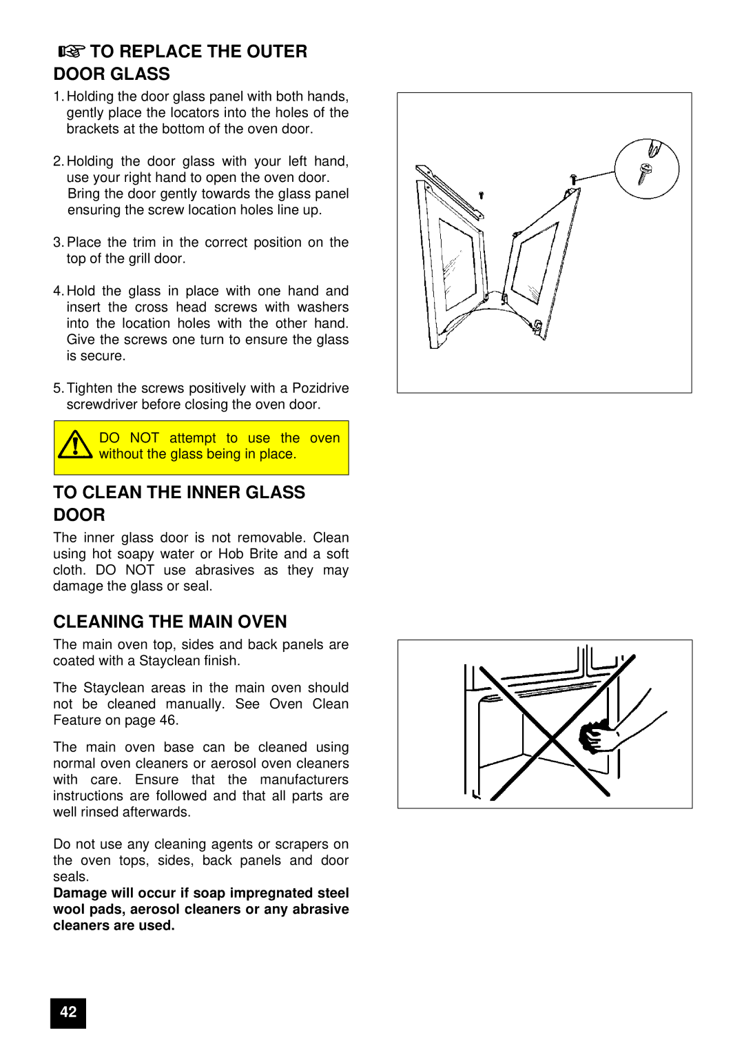 Electrolux 5210 BU To Replace the Outer Door Glass, To Clean the Inner Glass Door, Cleaning the Main Oven 