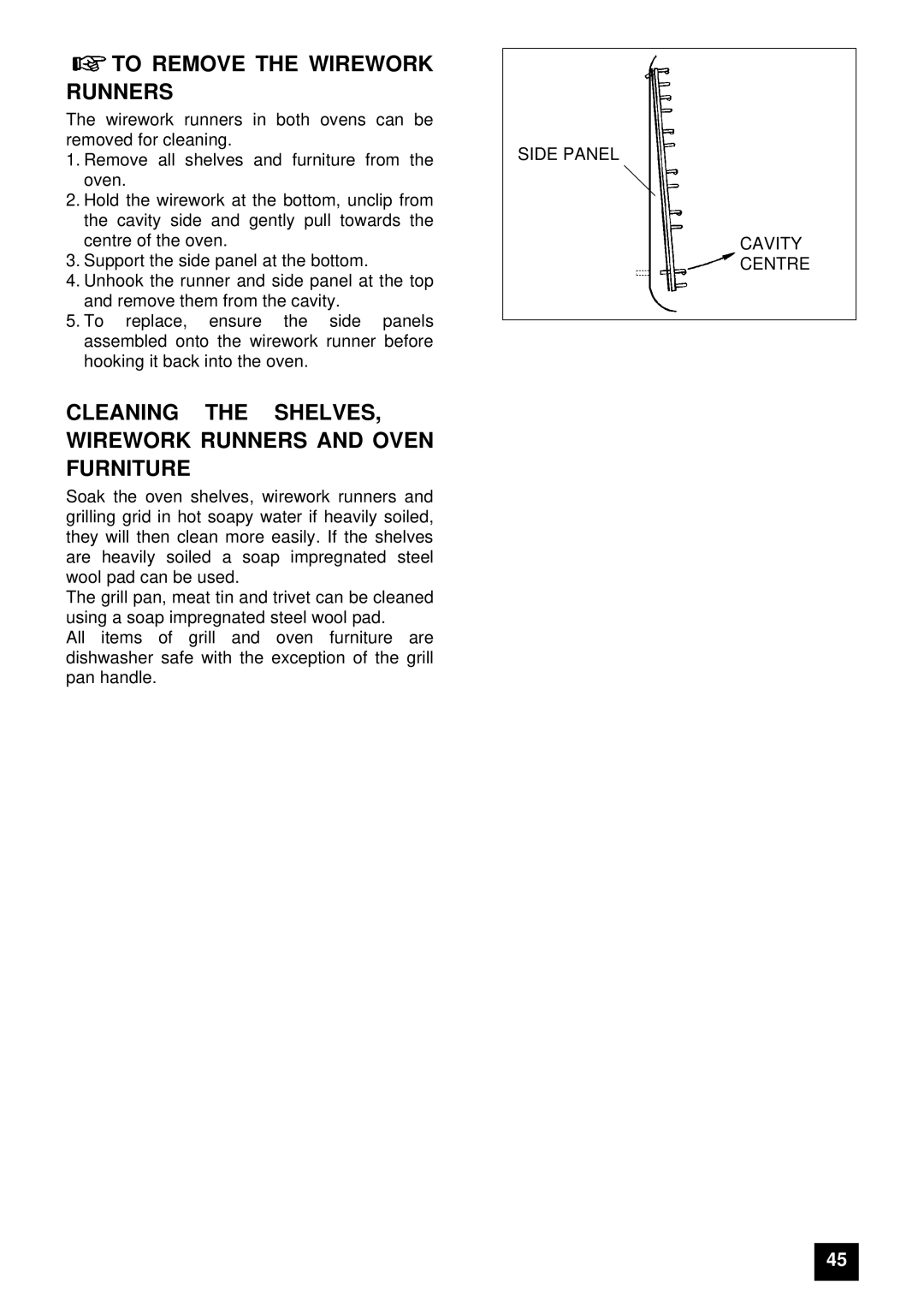 Electrolux 5210 BU To Remove the Wirework Runners, Cleaning the SHELVES, Wirework Runners and Oven Furniture 