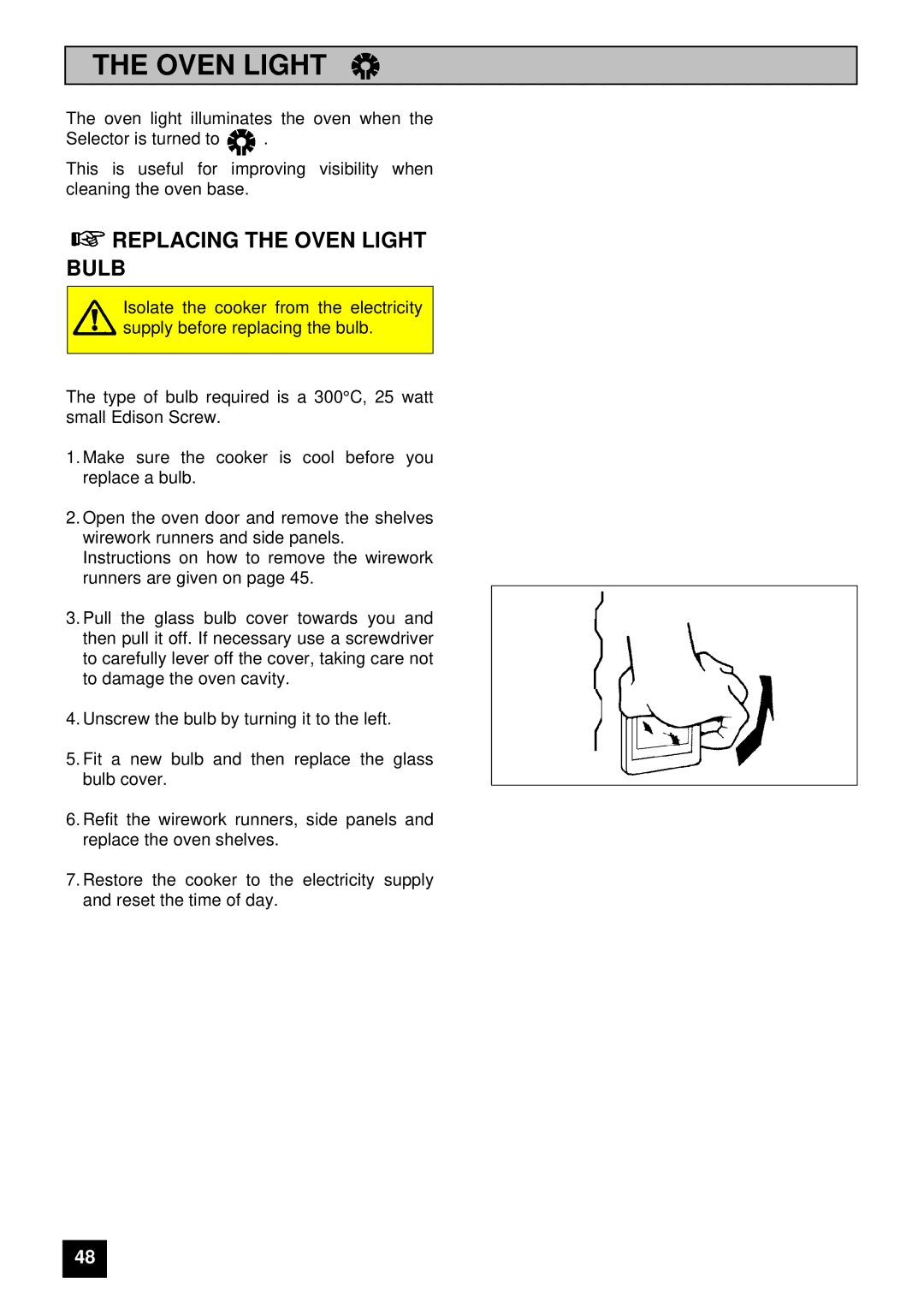 Electrolux 5210 BU installation instructions Replacing the Oven Light Bulb 