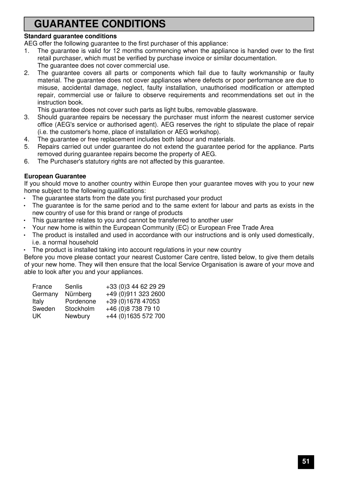 Electrolux 5210 BU installation instructions Guarantee Conditions, Standard guarantee conditions 