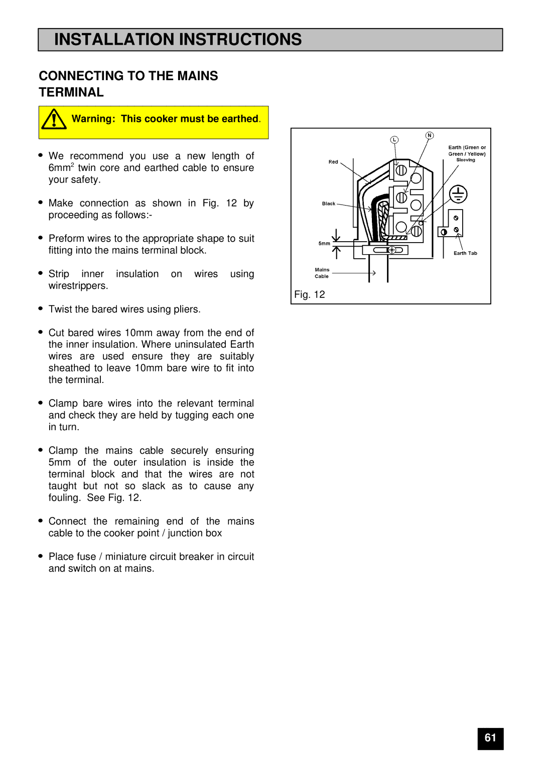 Electrolux 5210 BU installation instructions Connecting to the Mains Terminal 