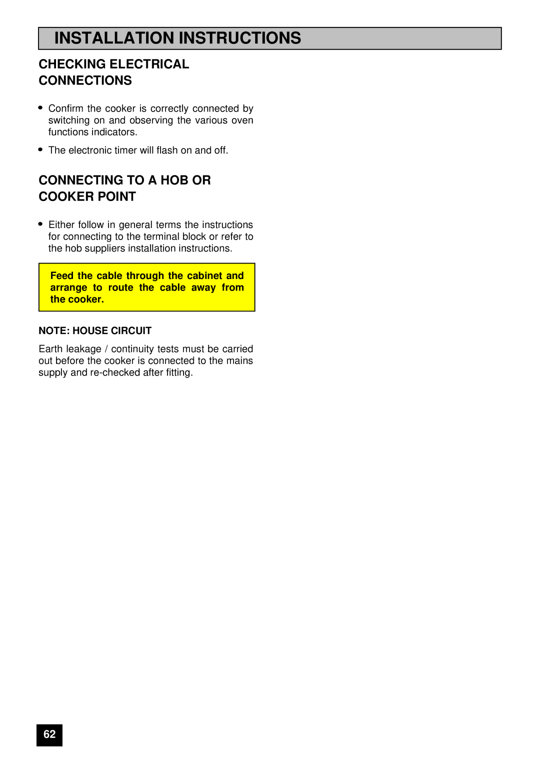 Electrolux 5210 BU installation instructions Checking Electrical Connections, Connecting to a HOB or Cooker Point 