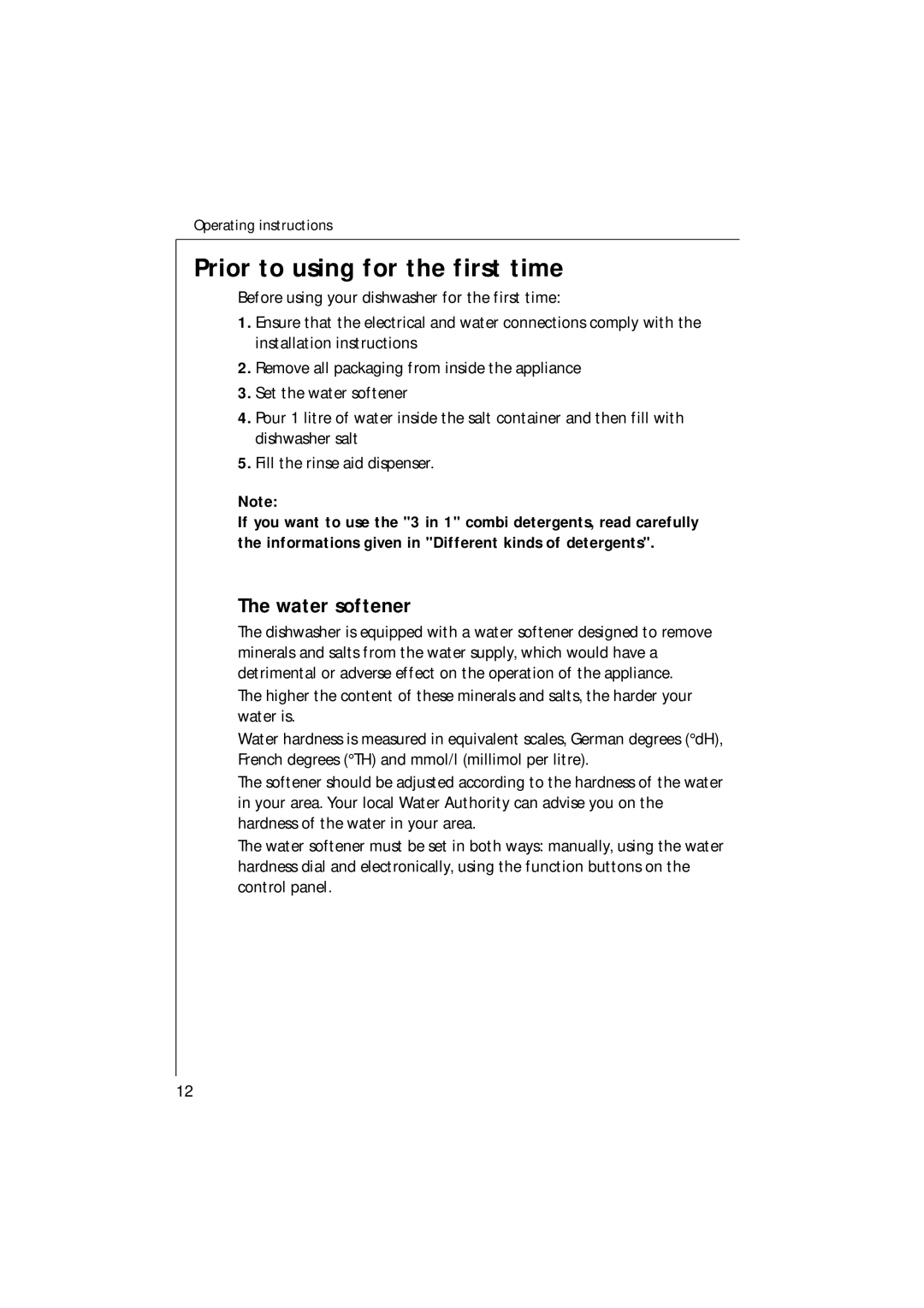 Electrolux 54750 manual Prior to using for the first time, Water softener 