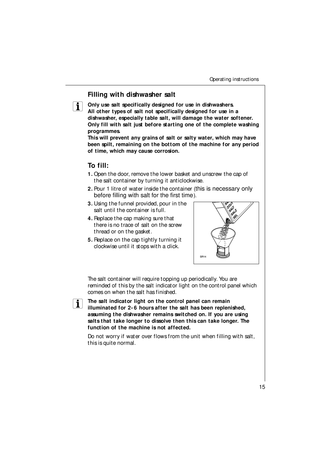 Electrolux 54750 manual Filling with dishwasher salt, To fill 