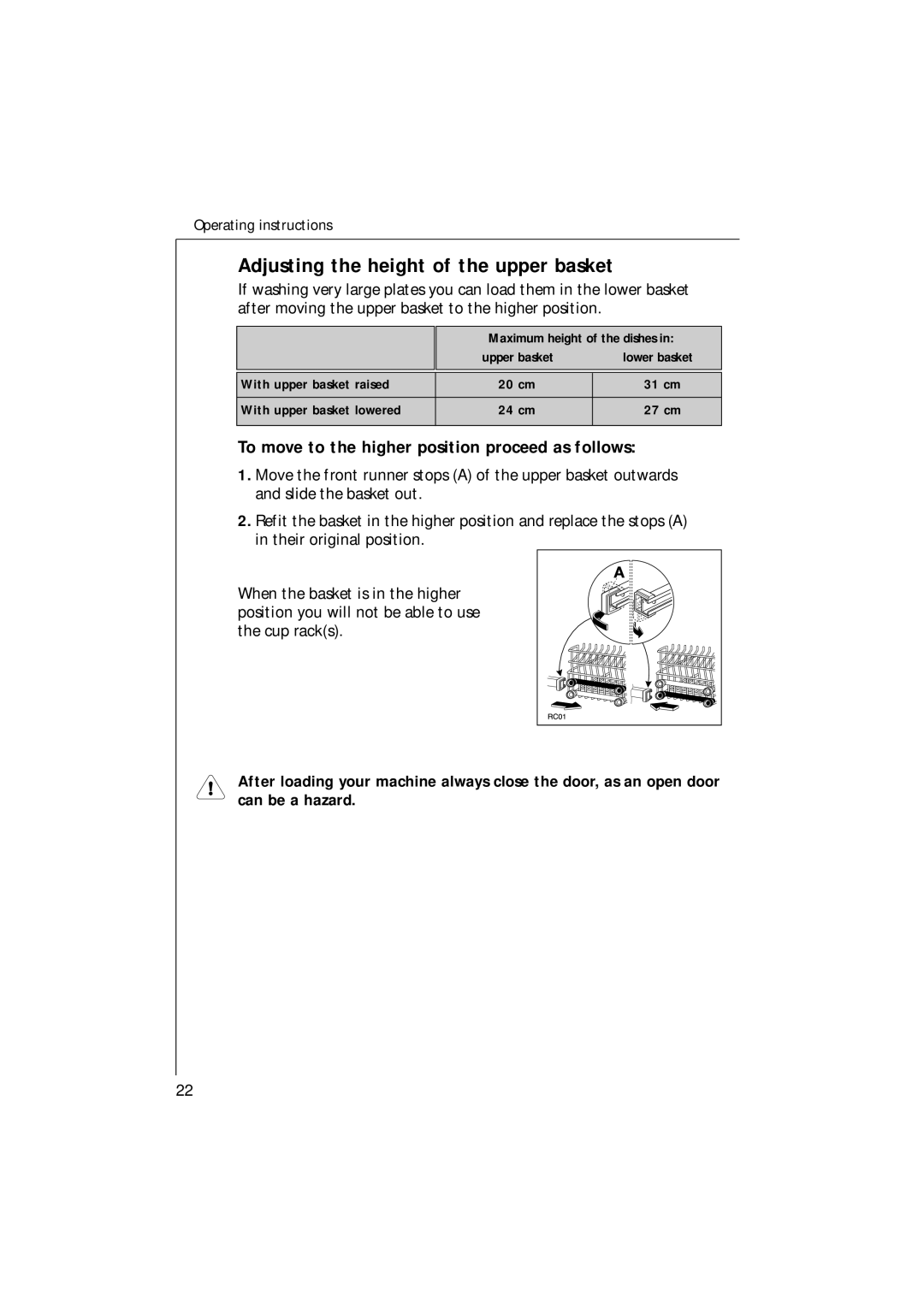 Electrolux 54750 manual Adjusting the height of the upper basket, To move to the higher position proceed as follows 