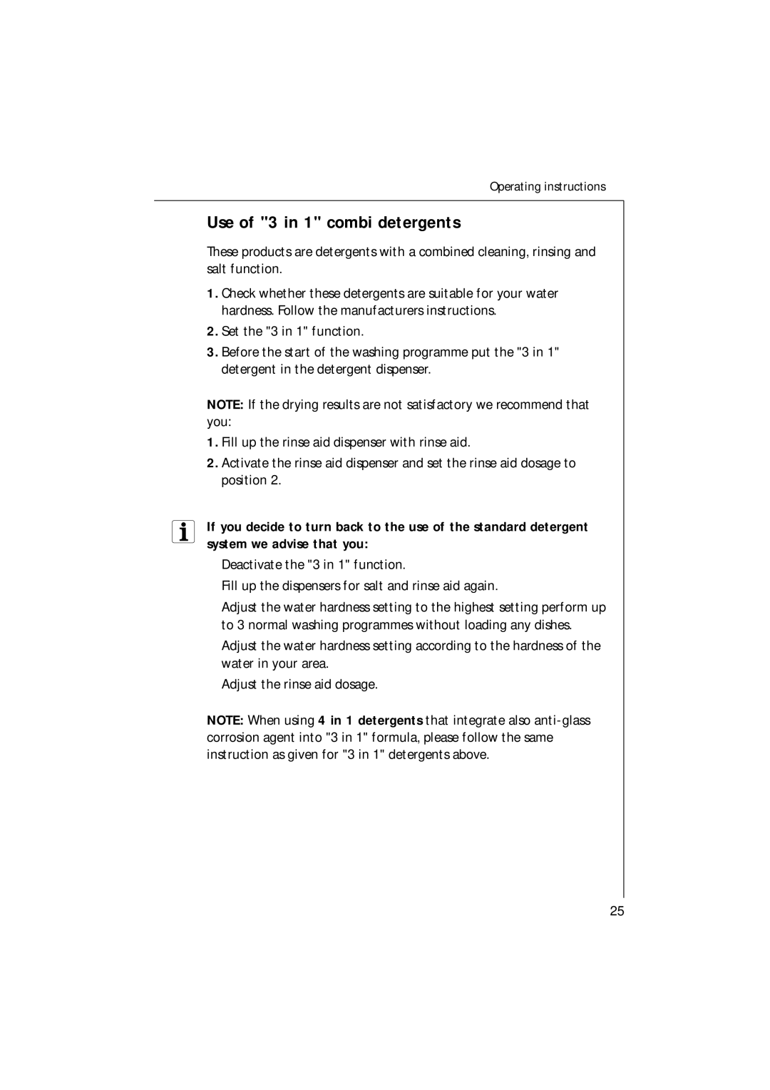 Electrolux 54750 manual Use of 3 in 1 combi detergents 