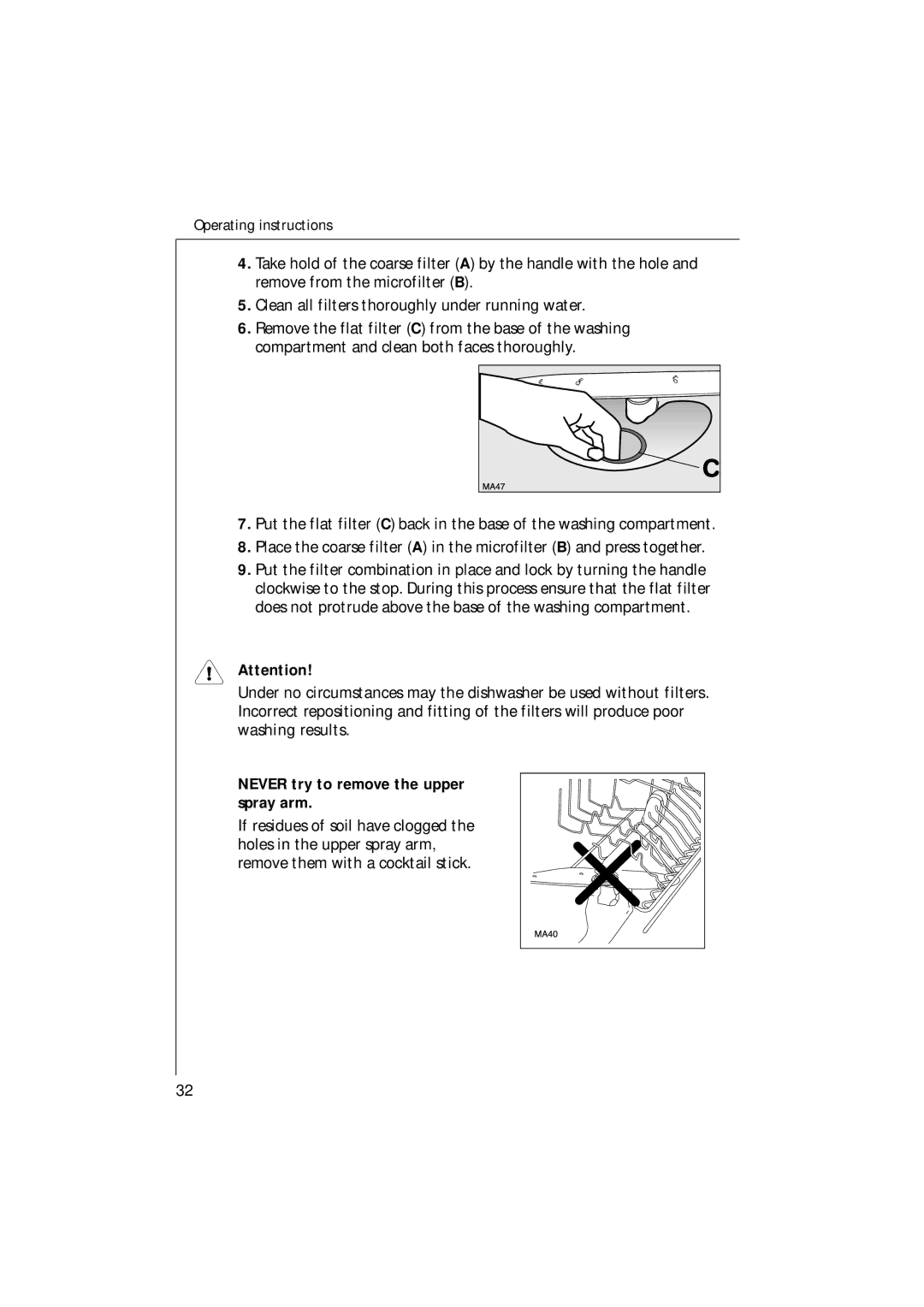 Electrolux 54750 manual Never try to remove the upper spray arm 