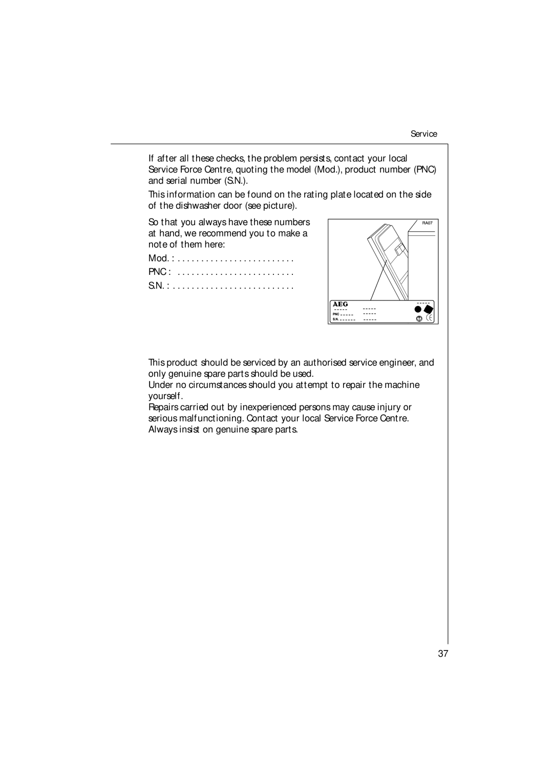 Electrolux 54750 manual Service 