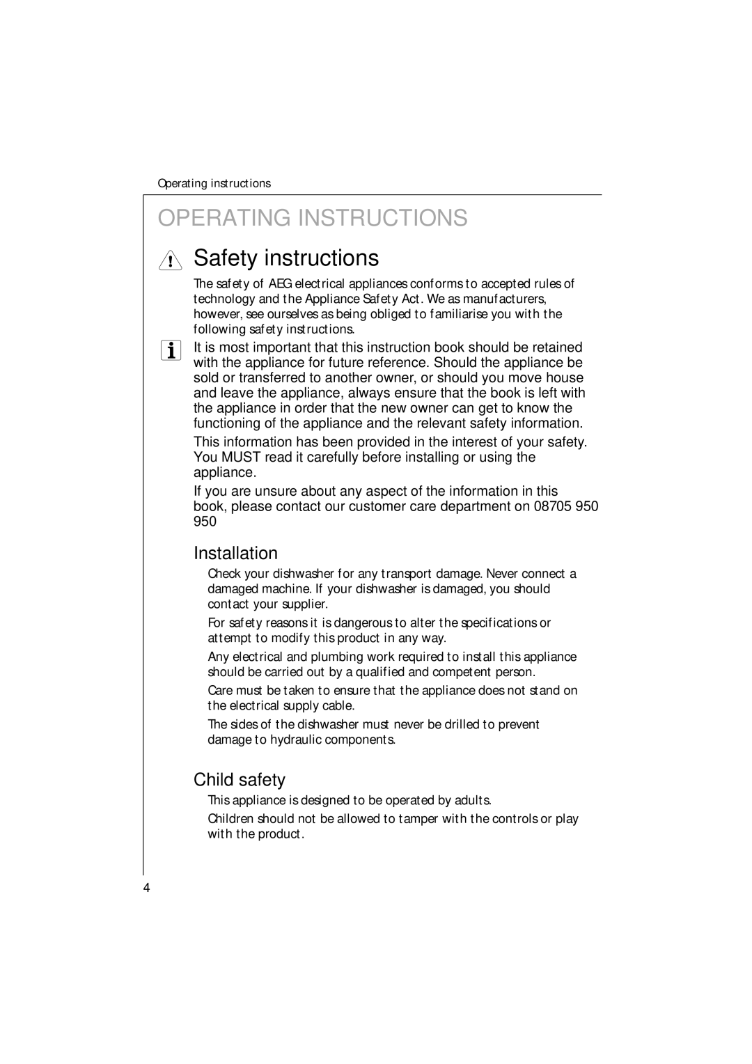 Electrolux 54750 manual Safety instructions, Installation, Child safety 