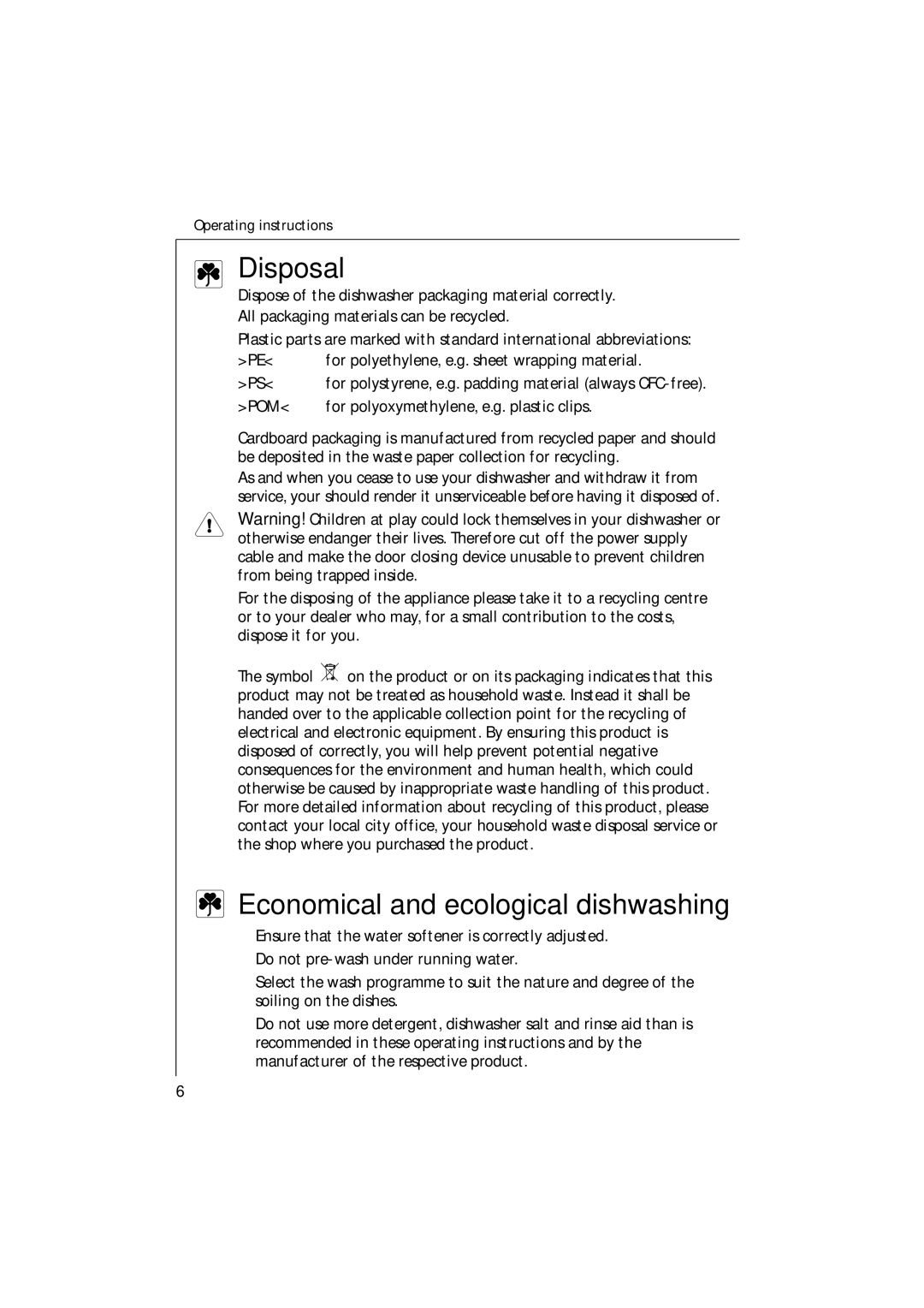 Electrolux 54750 manual Disposal, Economical and ecological dishwashing 