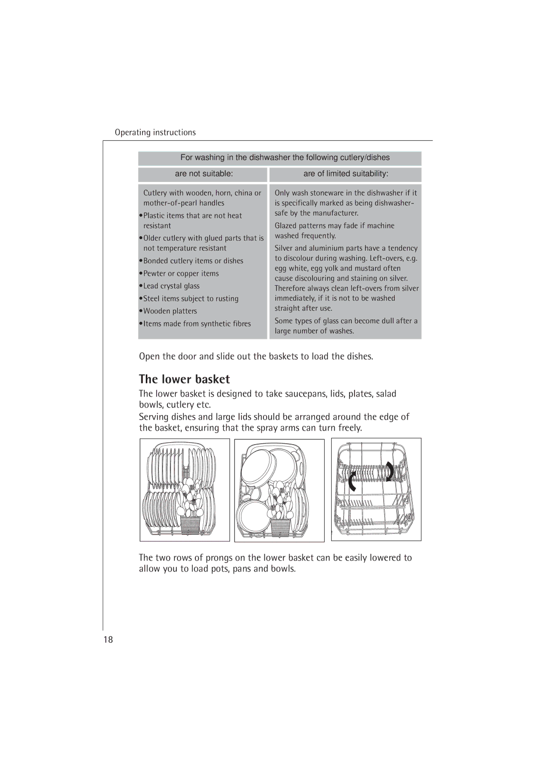 Electrolux 54850 S manual Lower basket, Glazed patterns may fade if machine washed frequently 