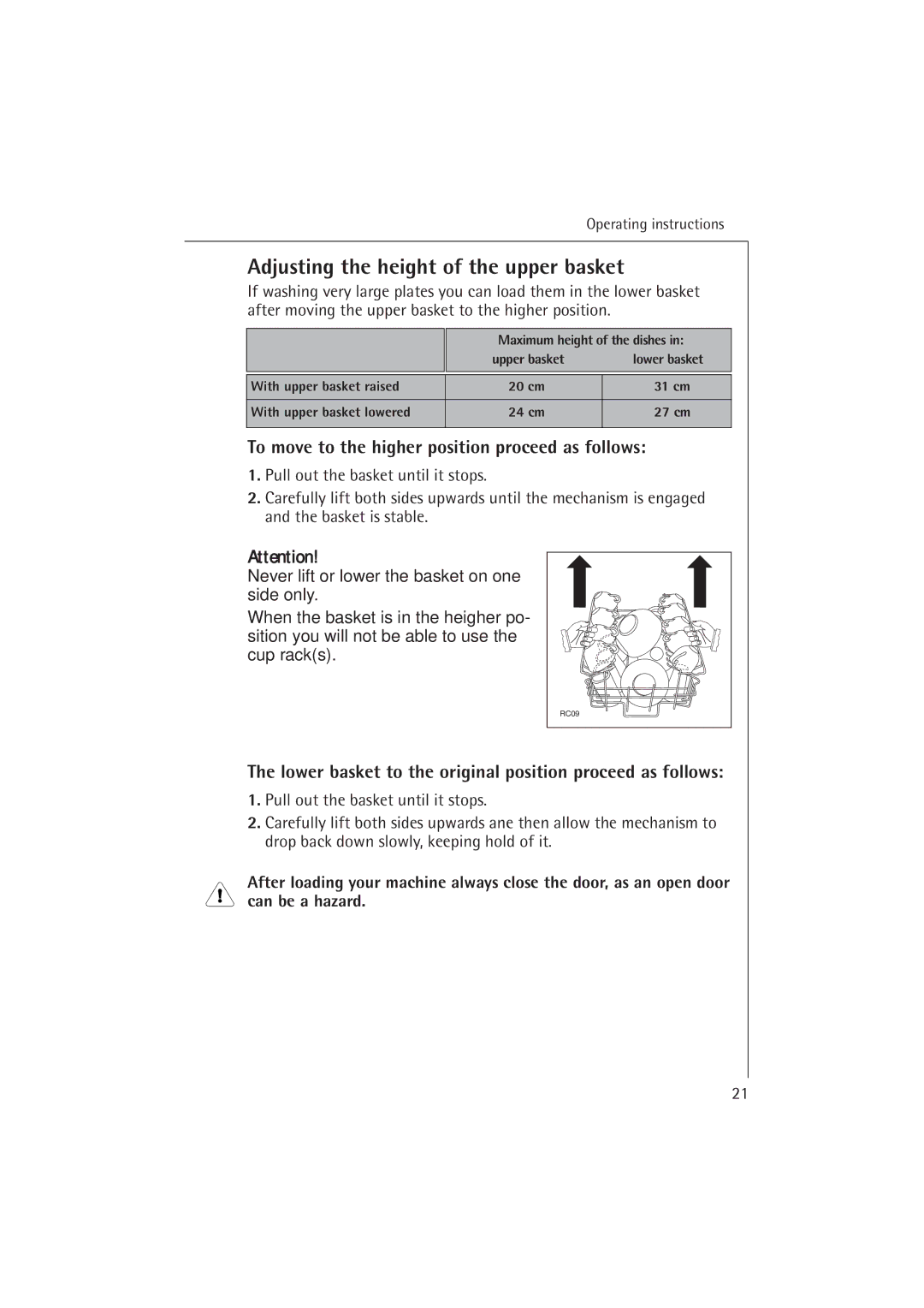 Electrolux 54850 S manual Adjusting the height of the upper basket, To move to the higher position proceed as follows 