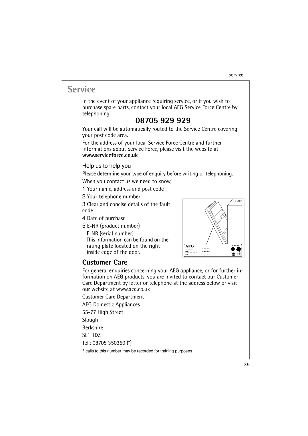 Electrolux 54850 S manual Customer Care, Help us to help you 