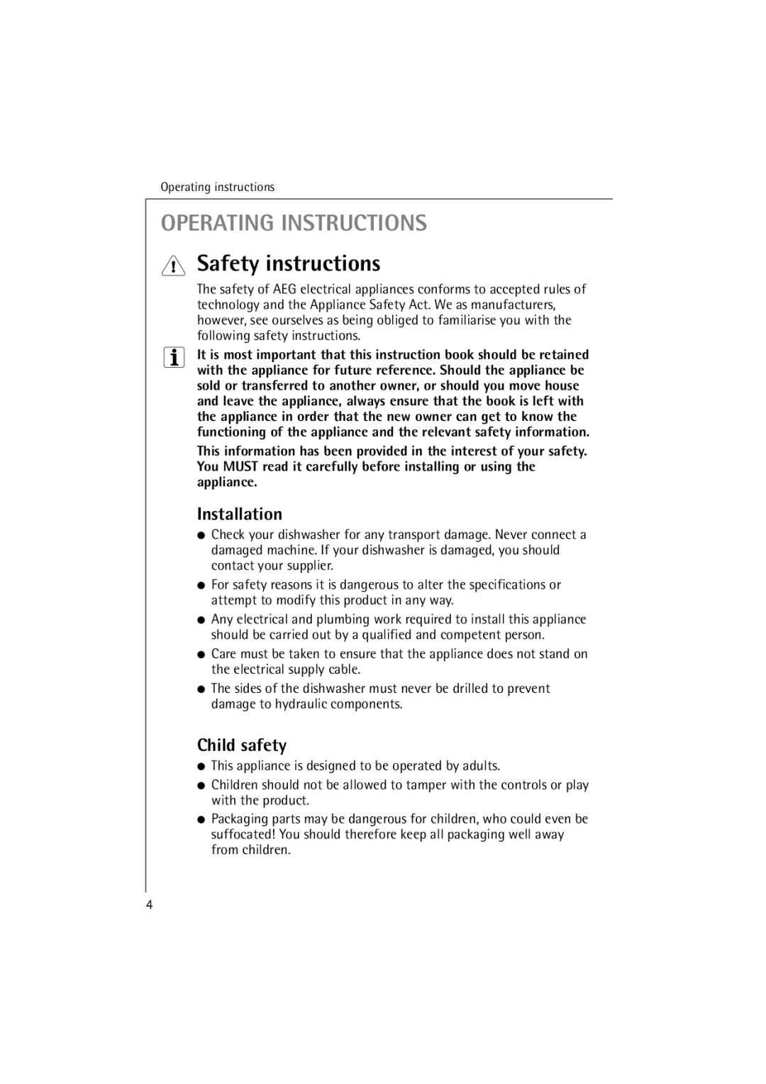 Electrolux 54850 S manual Safety instructions, Installation, Child safety 